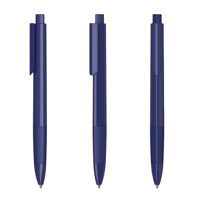 Three navy blue plastic pens with a glossy finish, featuring clips and retractable tips.