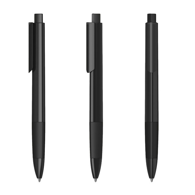 A set of black plastic pens displayed from different angles, featuring a sleek design and clip.