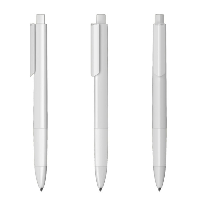 A set of three white plastic pens with a high gloss finish and a clip on the side, featuring a logo.