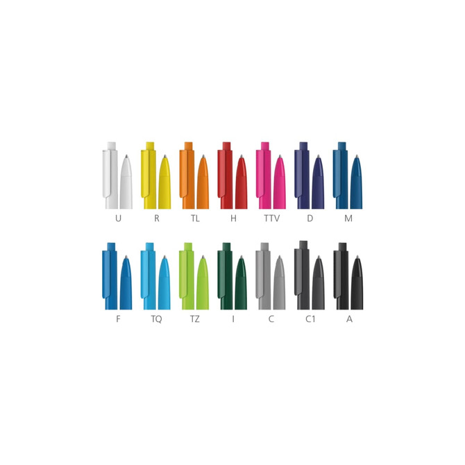 A collection of plastic pens in various colours including white, orange, pink, blue, green, and grey, featuring branded designs.