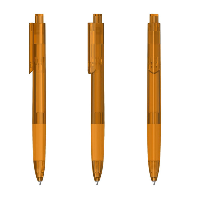 Three transparent orange plastic pens displayed from different angles, showcasing their design and clip feature.