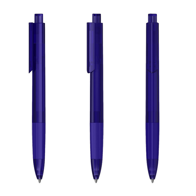 Three purple plastic pens with transparent components are displayed side by side, each featuring a clip and a rounded tip.