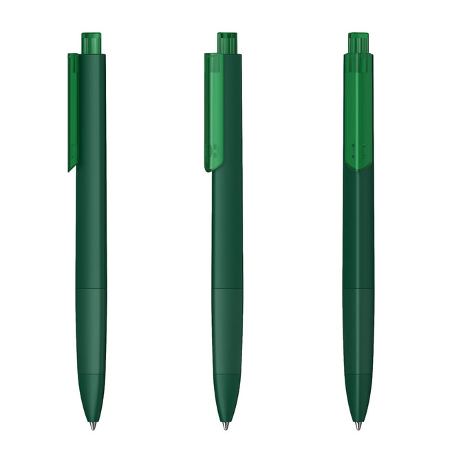 A set of green pens with a transparent cap, featuring a sleek design and a subtle branding logo.