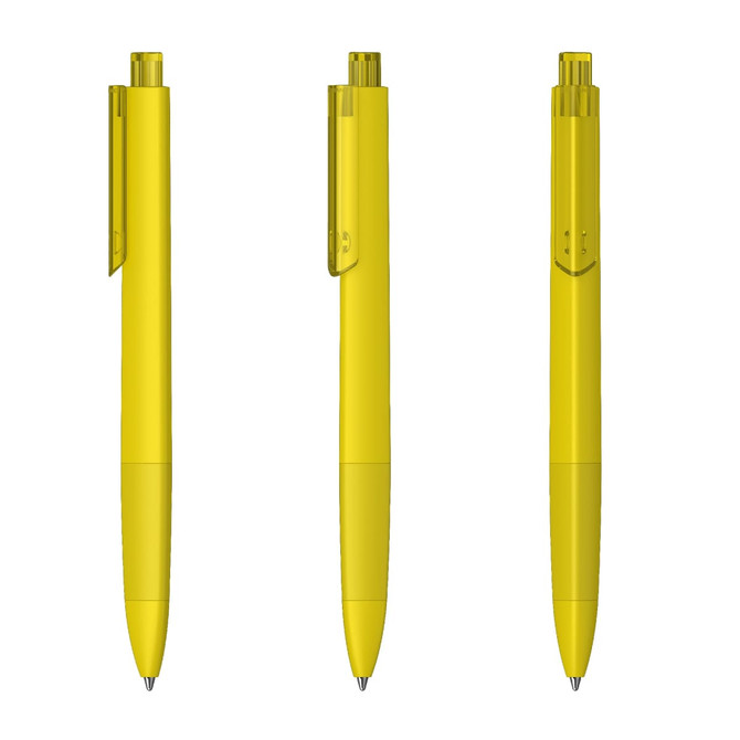 A yellow plastic pen displayed from three angles, featuring a transparent design and a clip.