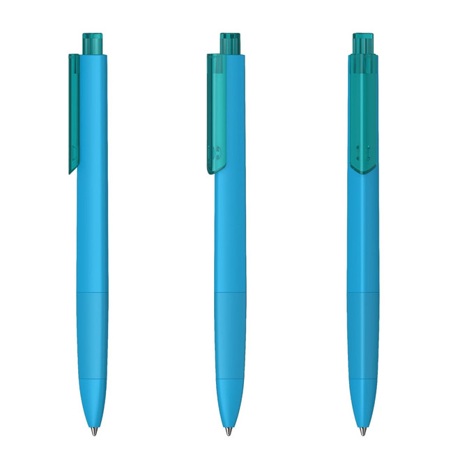 A blue plastic pen with a transparent green cap and clip, displayed from three angles. It features a branding logo.