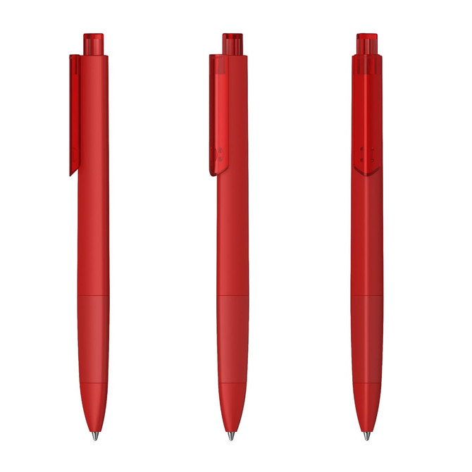 A set of three red plastic pens with a glossy finish and a clip for easy attachment. Each pen has a distinct design.
