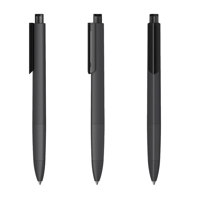 A set of black plastic pens with smooth finishes and clips, featuring a branding logo.