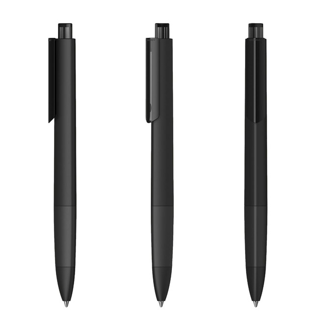 A set of three black plastic pens with a glossy finish and clip, featuring a logo on the barrel.