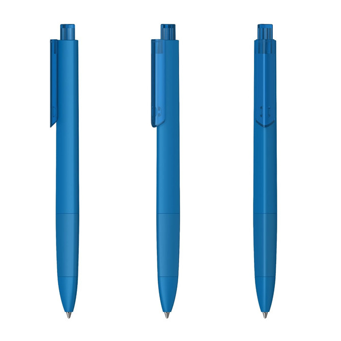 A blue plastic pen with a soft-touch finish, featuring a clip and a clear section. It has branding.