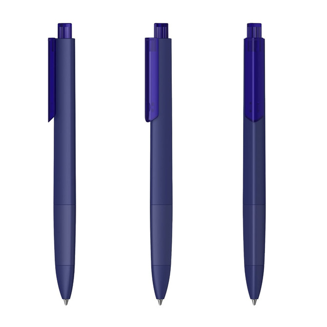 A set of three dark blue plastic pens with transparent caps and clips, featuring a simple, modern design.