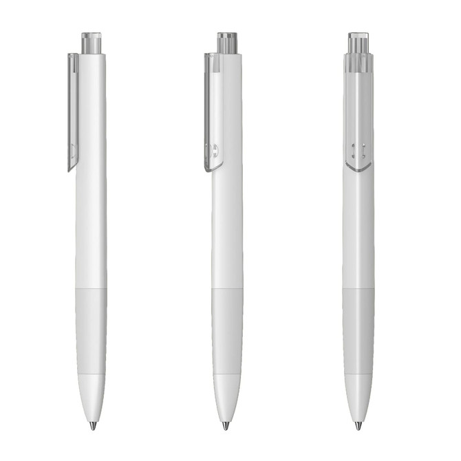 A set of three transparent plastic pens in white, featuring a silver clip and accents.
