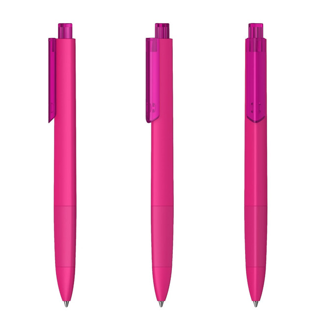 A set of three pink plastic pens with transparent caps. Each pen features a clip and has a logo.