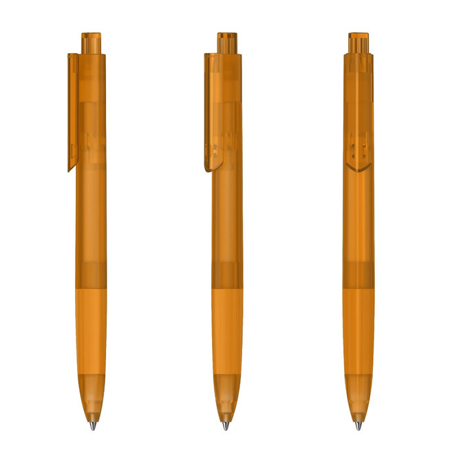 A plastic pen in transparent orange, featuring a clip and a smooth barrel, with a visible branding logo.
