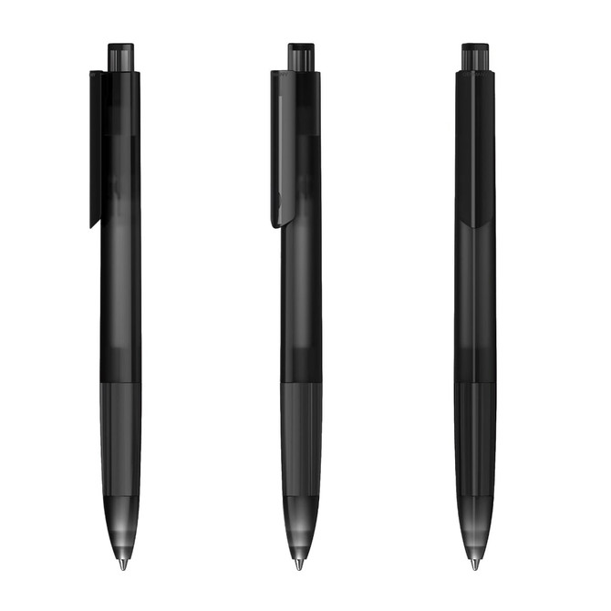 A collection of three transparent black plastic pens, featuring clips and a sleek design, with branding present.