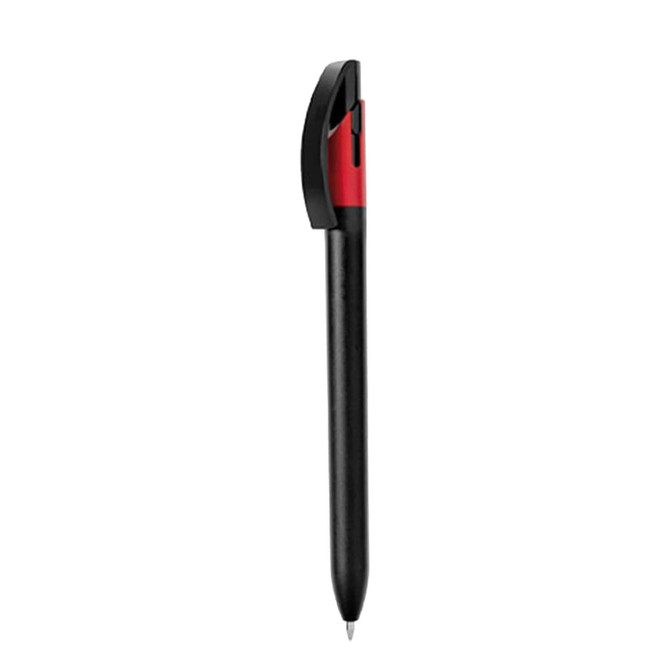 A metal pen in black with a red accent and a sleek design. It includes branding on the body.