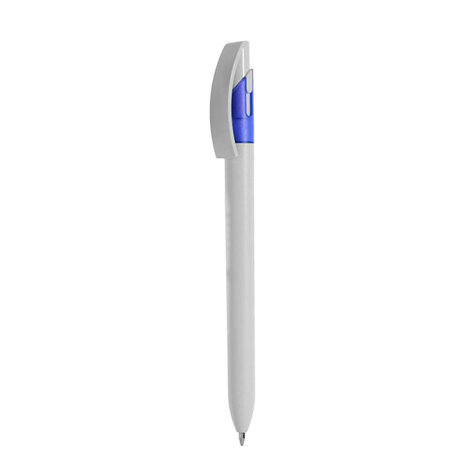 A plastic pen in white with a blue clip and button, featuring a logo on the side.