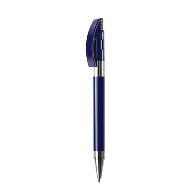 A metal pen in a deep blue colour with a silver tip and a clip. It features a logo on the side.