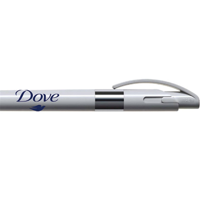 A metal pen in white and silver, featuring a clip and a logo.
