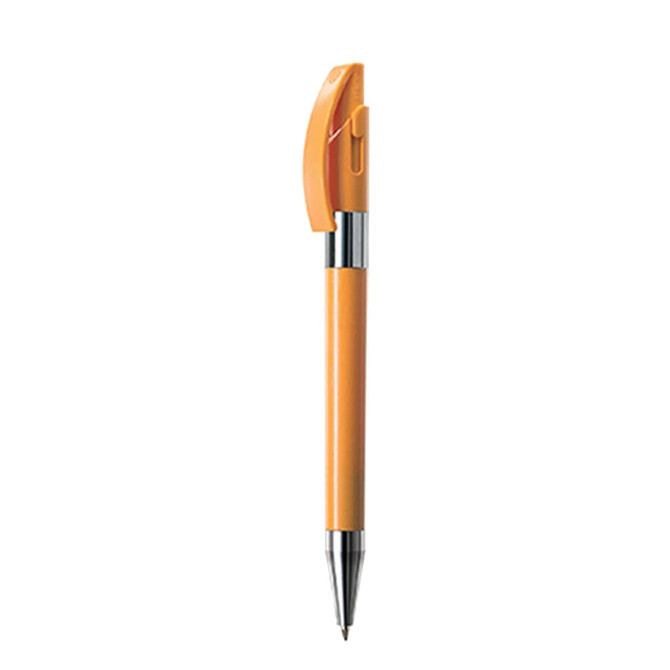 An orange metal pen with a shiny chrome clip and tip, featuring a logo on its body.