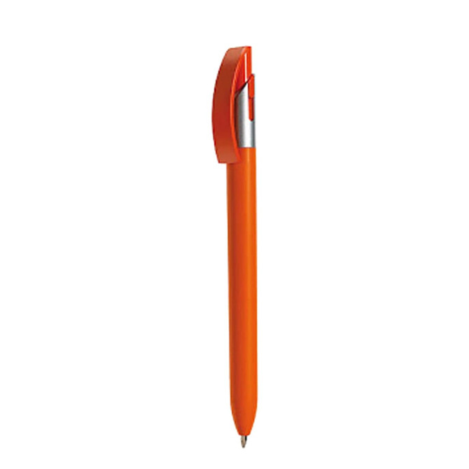 An orange metal pen with a sleek design and a silver accent, featuring a logo on the barrel.