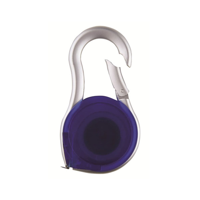 A purple carabiner tape measure with a clear casing and a metal clip for easy attachment.