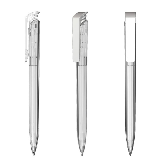 A transparent high gloss plastic pen in three different views, showcasing its sleek design with a clip.