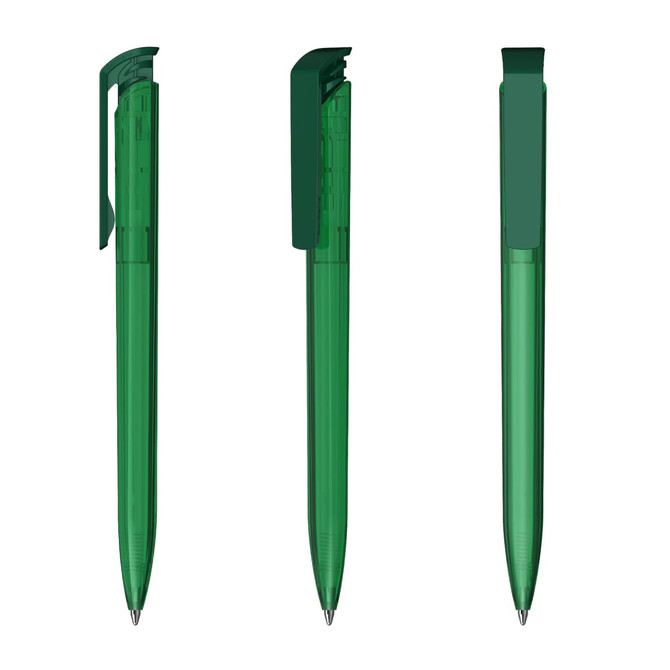 A green plastic pen with a high gloss finish, featuring a clip and a sleek design, is shown from three angles.
