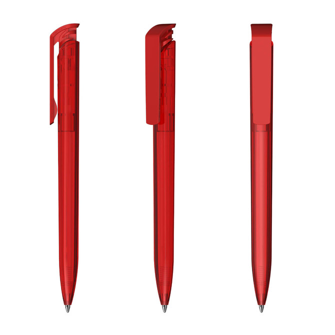 A red transparent pen featuring a gloss finish, displayed from three angles with a clip and a logo.