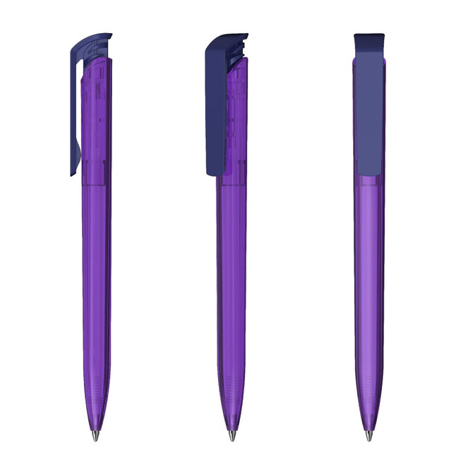 A transparent high gloss plastic pen in vibrant purple, featuring a sleek design and a clip.