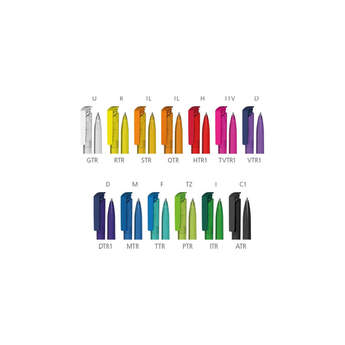 A collection of "Trias Transparent High Gloss" plastic pens in various colours, featuring multiple styles and a logo.
