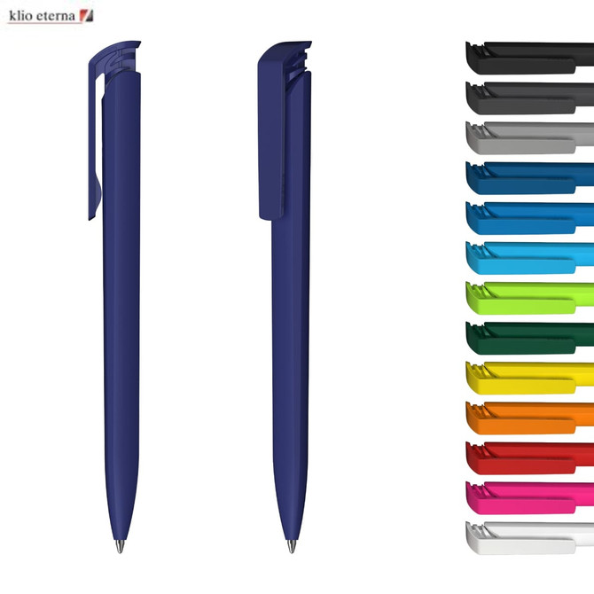 A blue plastic pen with a clip alongside a variety of coloured pens in different shades. Features a logo.