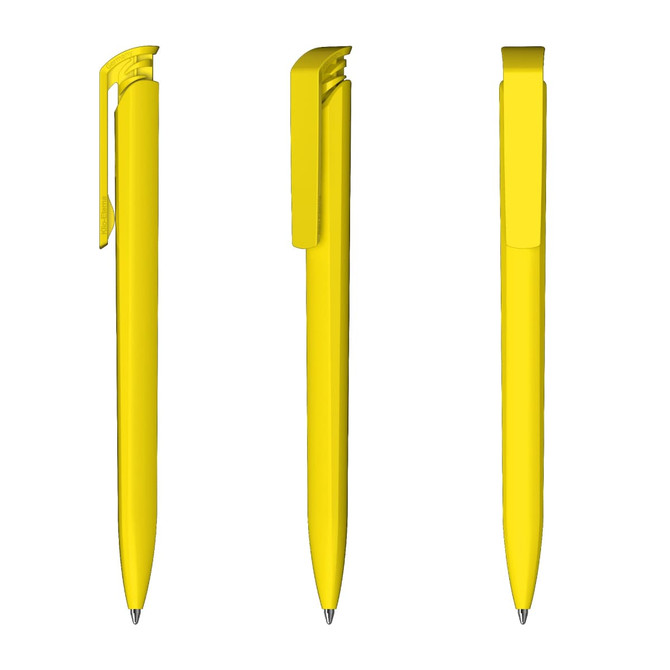 A yellow plastic pen displayed from three angles, featuring a sleek design and a clip.