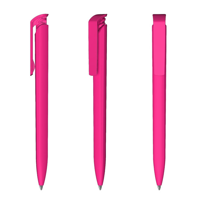 A set of three pink plastic pens with a high gloss finish and built-in clips. Each pen has a sleek design.