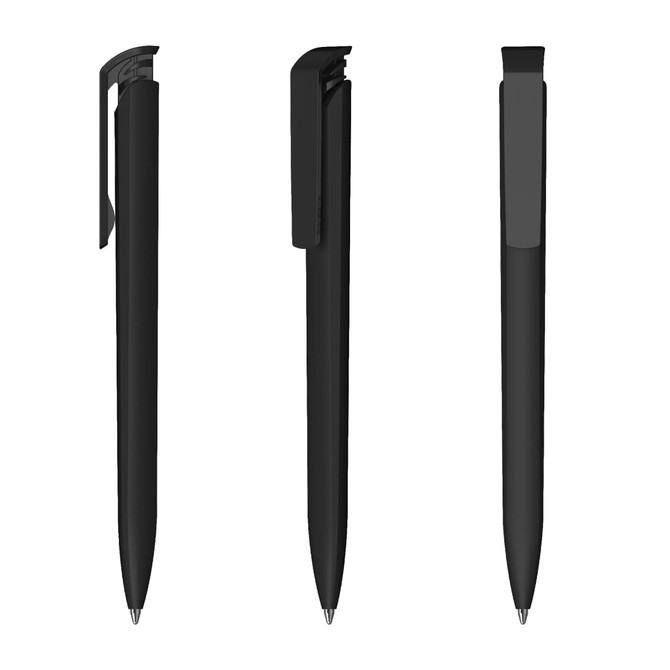 A black plastic pen with a soft-touch high gloss finish and a clip, displayed from three angles.