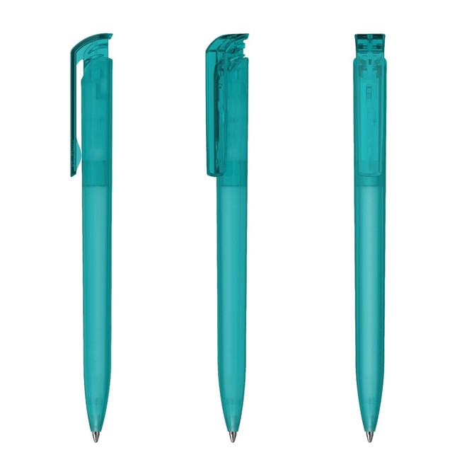 A transparent turquoise pen with a clip, featuring different angles to showcase its design.