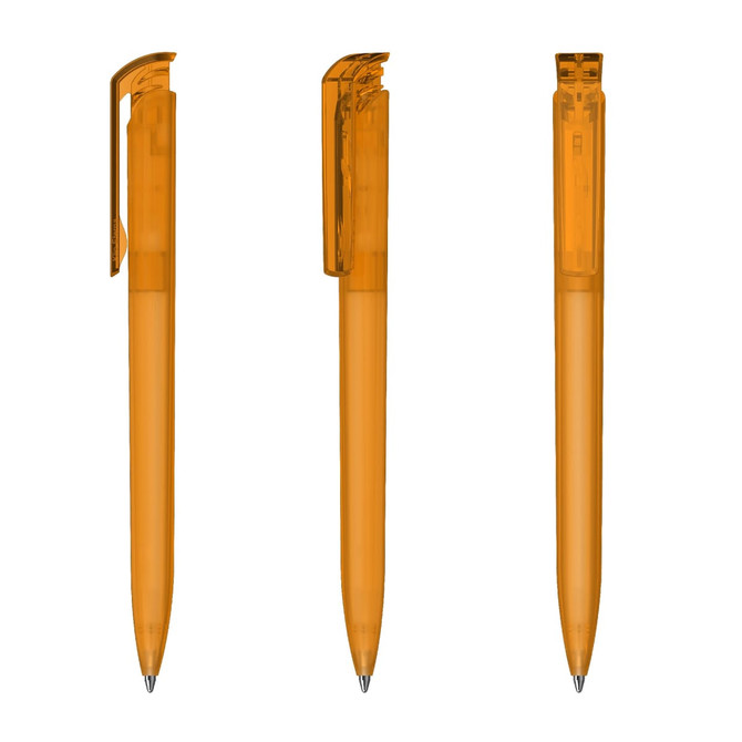 An orange transparent plastic pen with a clip, shown from multiple angles. It features a simple design and a logo.
