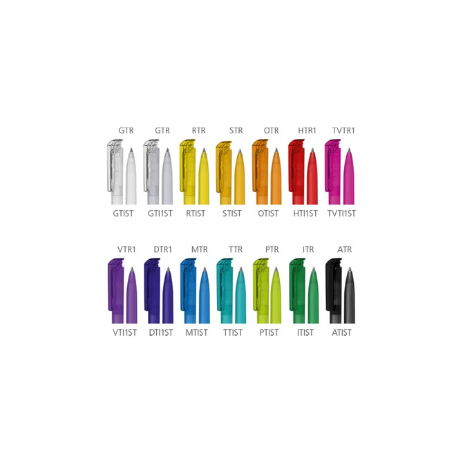 A range of plastic pens in various colours including purple, orange, yellow, and black, with a logo on the pens.