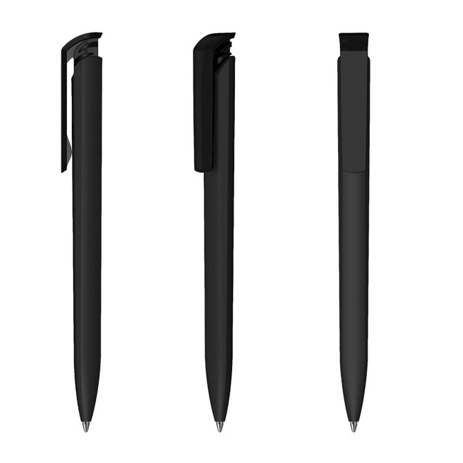 A sleek black plastic pen featuring a smooth surface and a clip, displayed from three angles.