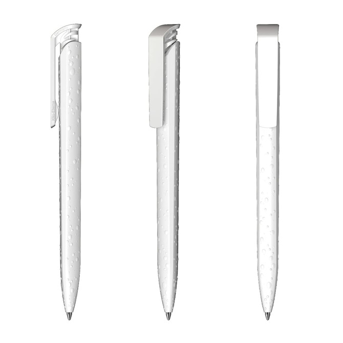 A clear, high-gloss plastic pen with a sleek design and silver accents. Includes a clip and features a branding logo.