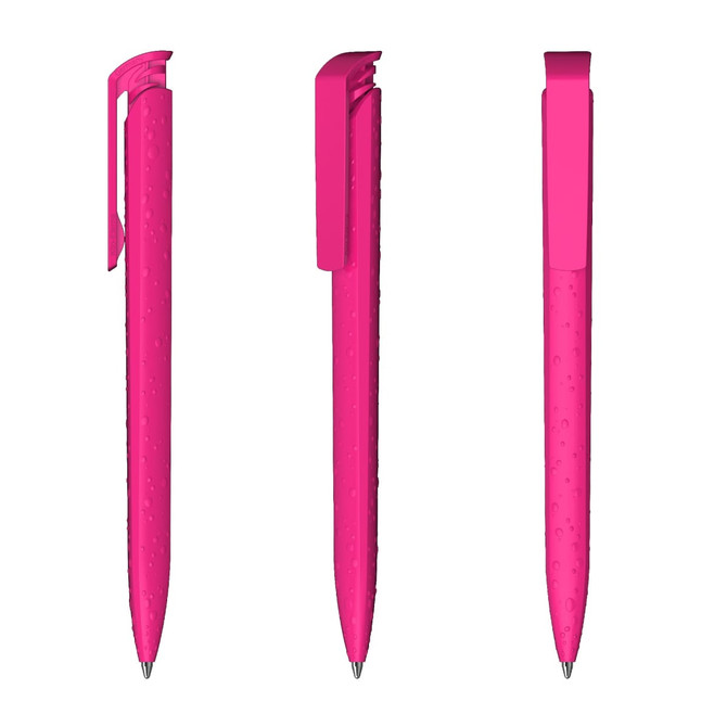 A pink plastic pen with a textured grip and a clip, shown from three different angles.