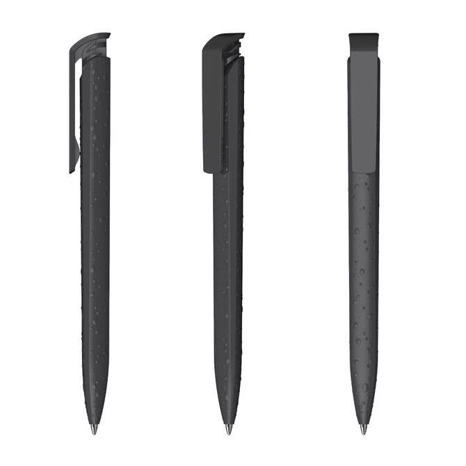 A high-gloss black plastic pen with a sleek design and a clip, featuring a textured surface for grip.