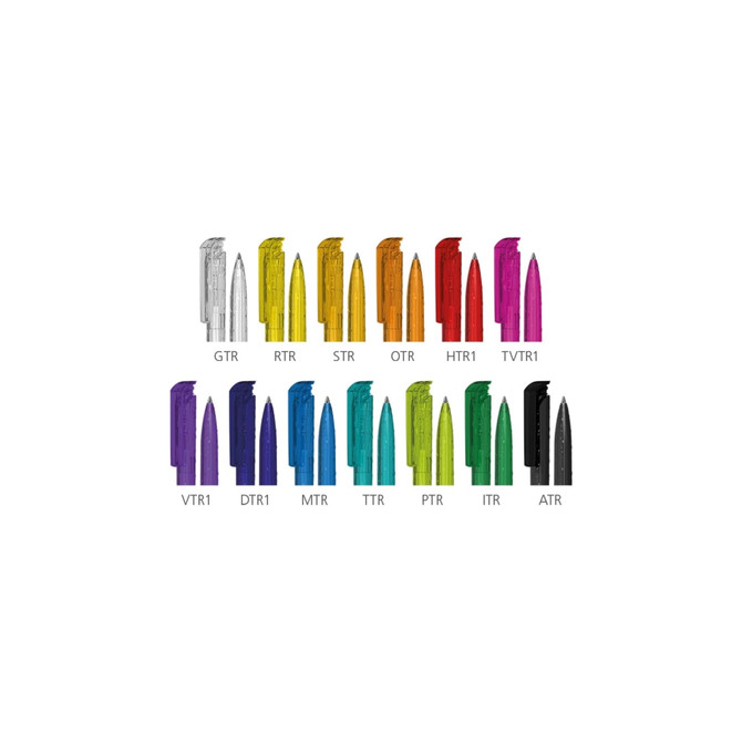 A selection of plastic pens in various colours, featuring pointed tips and a logo on each pen.