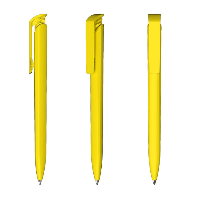 Three yellow plastic pens with a sleek design, featuring clips for attachment and a glossy finish.