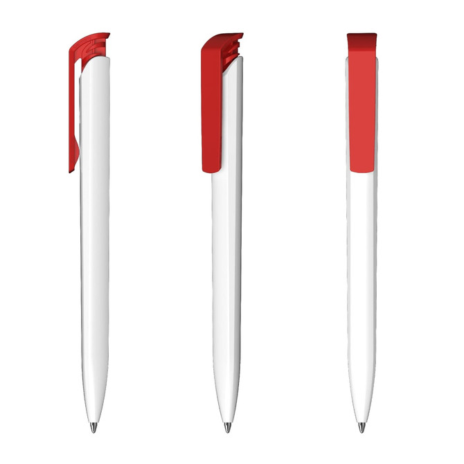 A plastic pen with a white body and a red clip. The pen is displayed from three angles.
