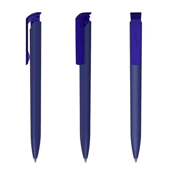 A set of three blue plastic pens with a glossy finish and a clip on top. Each pen features a logo.