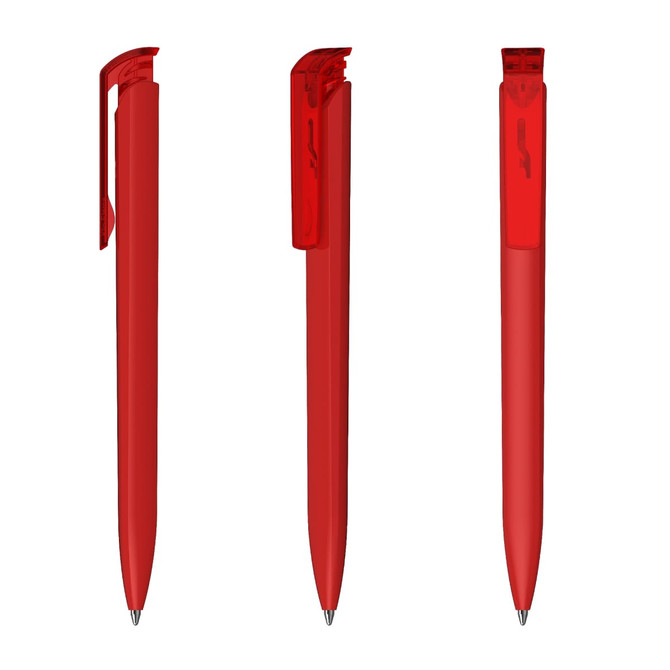 A set of three red plastic pens with a high gloss finish and clips for attachment, featuring a logo.