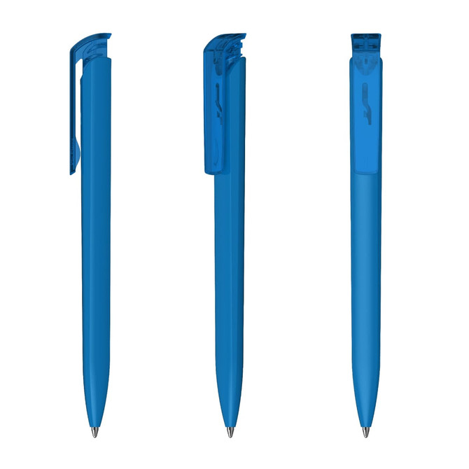 A set of three blue plastic pens with a high gloss finish, featuring clips and a smooth barrel design.