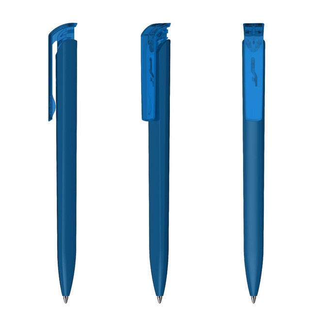 A blue plastic pen with a high-gloss finish, featuring a clip and a smooth barrel. Includes branding on the pen.