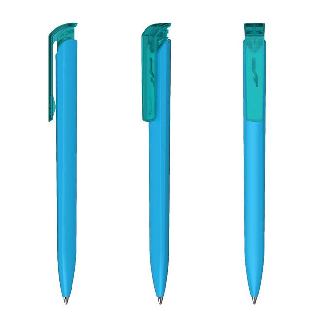 A set of three high gloss transparent plastic pens in a vibrant blue colour with teal accents.