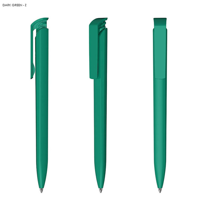 A dark green plastic pen with a sleek design, featuring a clip and a glossy finish, showcased from three angles.